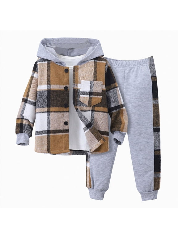 Baby Boy Winter Clothes Boys Clothes 3T 4T 5T 6T 7T 2 Piece Baby Boys Outfits Plaid Hooded Toddler Boys Top Pants Set Baby's Clothing Set