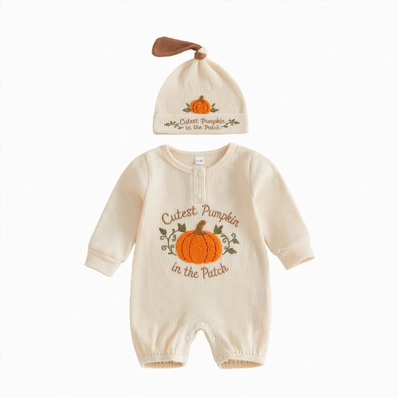 HCNTES Baby Boy Winter Clothes Newborn Baby Boy Halloween Outfit Cutest Pumpkin in the Patch Romper Jumpsuits One Piece Infant Coming Home Outfit With Knot Hat 2Pcs Clothing Set