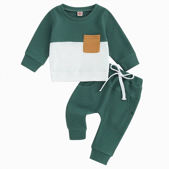 HCNTES Baby Boy Winter Clothes Toddler Boys Clothes Fall Winter Outfit Sets, Baby Boy 6M 9M 12M 2T 3T 4T Waffle-Patterned Color-Blocked Long-Sleeve Hoodie with Drawstring Pants