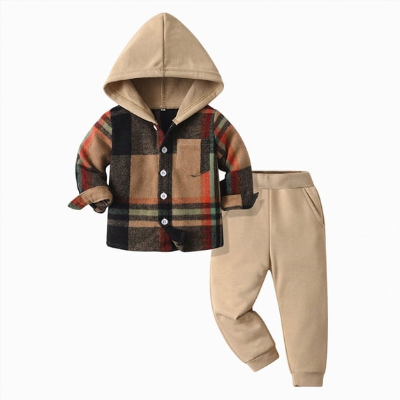 HCNTES Baby Boy Winter Clothes Toddler Boys Fall Winter Outfit Sets, 6M 12M 18M 24M 2T 3T 4T 5T 6T 7T 2-Pieces Plaid Hoodie Sweatshirt Top + Jogger Pants Outfit Set Fall Winter Set