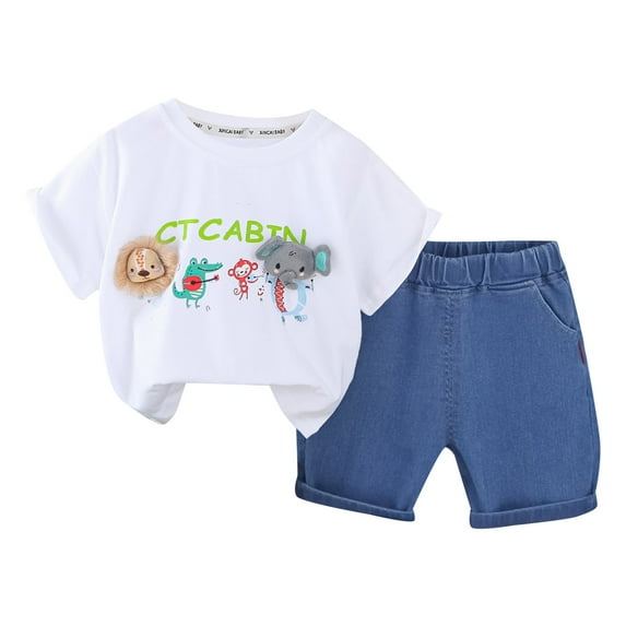 HCNTES Baby Boys Clothes Baby Outfits Shirts Sets Toddler Kids Boy 2025 Casual Cartoon Pattern Short Sleeved Shorts Set 6-12 Months White