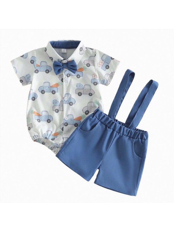 Baby Boys Easter Outfit Carrot Car Print Bow Tie Bodysuit and Suspender Shorts 2-Piece Set Baby Boy Formal Outfits