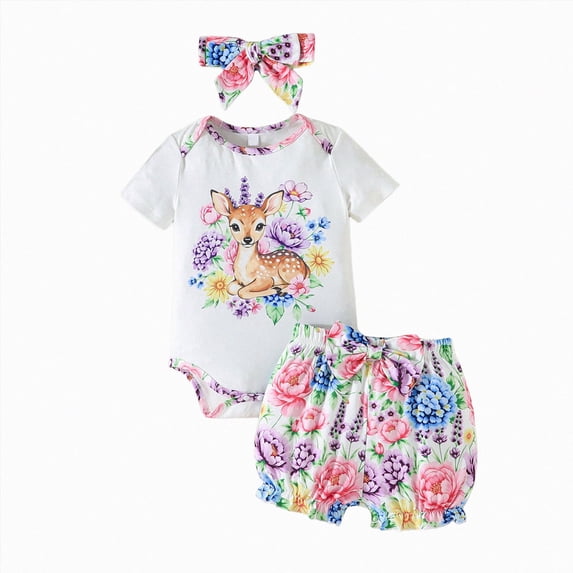 HCNTES Baby Girl Clothes 0 3 6 9 12 18 Months Little Deer Print Ruffle Romper and Floral Short Sets Cute Baby Summer Outfit