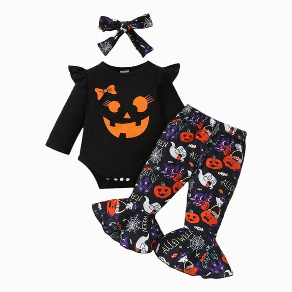 HCNTES Baby Girl Clothes Baby Girl Halloween Outfit Infant Newborn Girls Long Sleeve Pumpkin Print Romper Bodysuits Bowknot Pants Headband Clothes Set 0-18 Months
