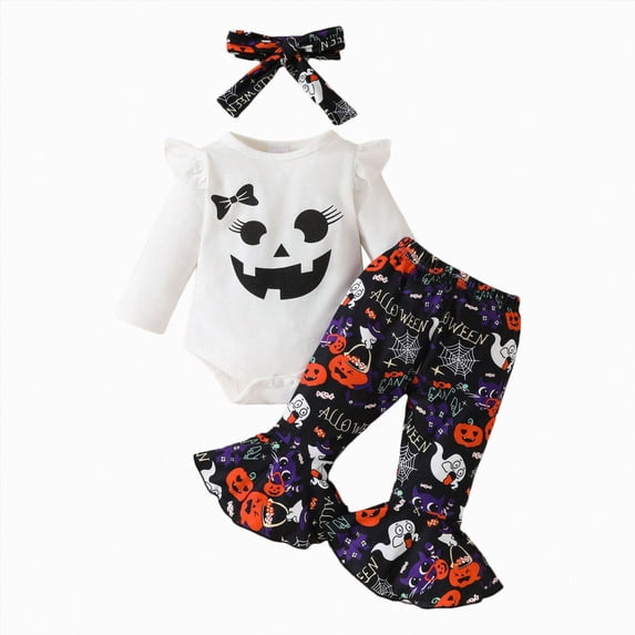 HCNTES Baby Girl Clothes Baby Girl Halloween Outfit Infant Newborn Girls Long Sleeve Pumpkin Print Romper Bodysuits Bowknot Pants Headband Clothes Set 0-18 Months