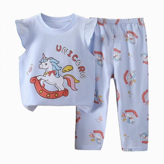HCNTES Baby Girl Clothes Baby Girls Clothes Cute Printed Flying Sleeve T-Shirt Top + Long Pant 2pcs Outfit Set Kids Girl Summer Clothing Size 3M 6M 12M 18M 24M 3T 4T 5T 6T