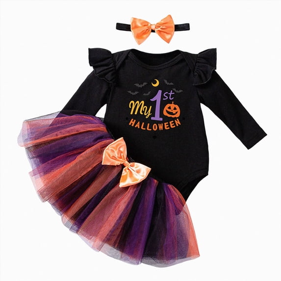 HCNTES Baby Girl Clothes Baby Girls Halloween Outfits 3 Piece Set Cute Pumpkin Outfit Long Sleeve Romper Tutu Skirt Headband Party Wear For Autumn Winter Clothes