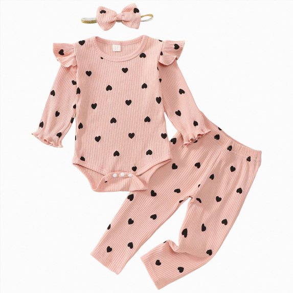 HCNTES Baby Girl Clothes Fall Winter Newborn Baby Girl Clothes Outfits Infant Ruffle Heart Print Romper Pants Bow Headband Cute Toddler Baby Girl Clothes Set