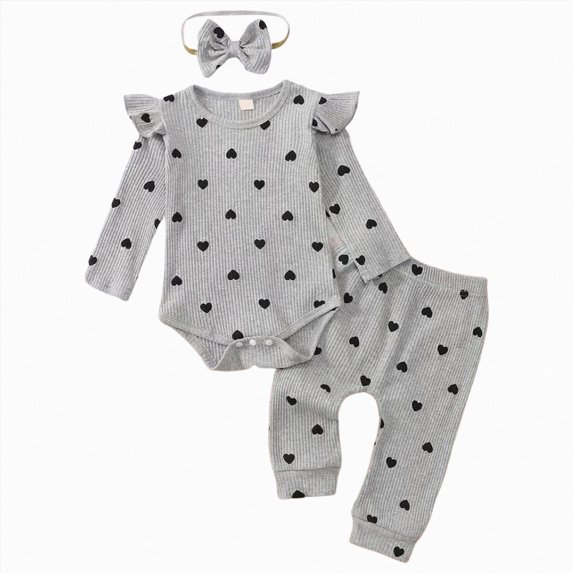 HCNTES Baby Girl Clothes Fall Winter Newborn Baby Girl Clothes Outfits Infant Ruffles Ribbed Trim All-Over Heart Print Romper Pants Headband Cute Toddler Baby Girl Clothes Set