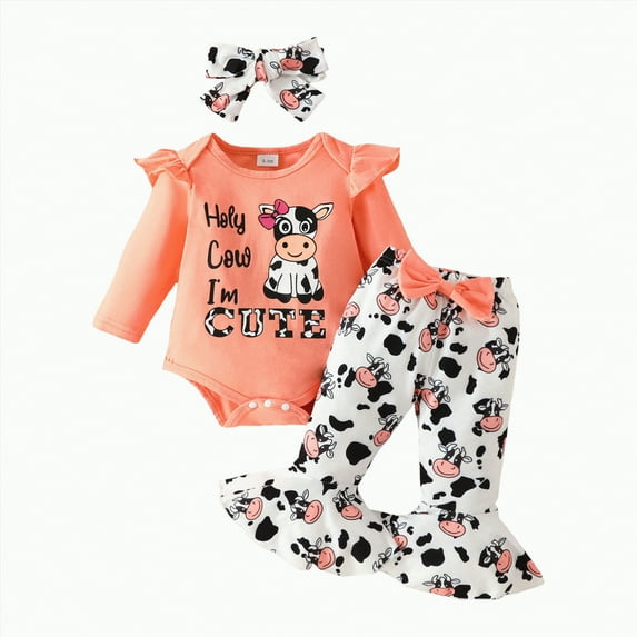 HCNTES Baby Girl Clothes Girl Cow Print Long Pant Set Clothes(9-12 Months,S135-Orange)