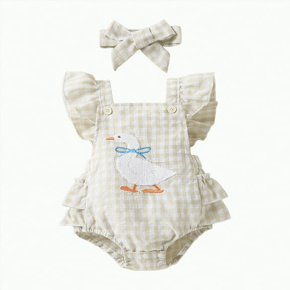 HCNTES Baby Girl Clothes Goose Embroidery Romper Ruffle Sleeveless Jumpsuit Bodysuit Headband Plaid Outfit(0-3 Months,Z131-White)