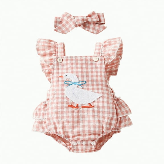HCNTES Baby Girl Clothes Goose Embroidery Romper Ruffle Sleeveless Jumpsuit Bodysuit Headband Plaid Outfit(6-12 Months,Z130-Red)