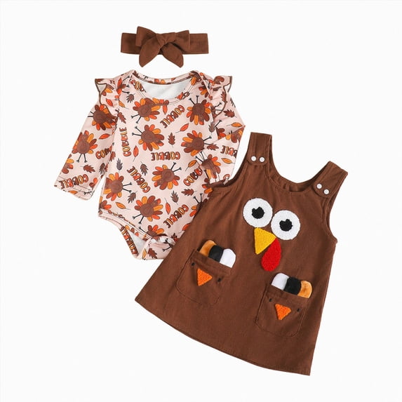 HCNTES Baby Girl Clothes Thanksgiving Outfits for Baby Girls Ruffle Romper Turkey Suspender Overalls Dress Skirt Sets Fall Winter Clothes