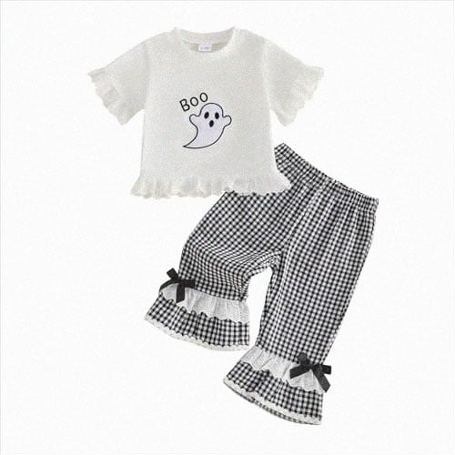 HCNTES Baby Girl Clothes Toddler Baby Girl Halloween Clothes 6 12 18 24 Month 2T 3T 4T Letters Pumpkin Embroidery Ruffled Trim Crew Neck Short Sleeve Tops and Plaid Gingham Pants 2 Pcs Outfit Set