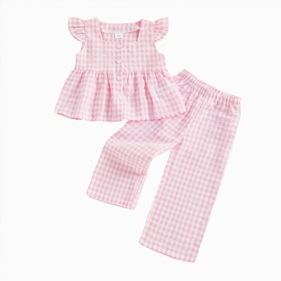 HCNTES Baby Girl Clothes Toddler Kids Girls Plaid Clothes Set 12 18 24 Months 2T 3T 4T 5T Flying Sleeve Button Up A-line Tops Long Pants Summer Outfits