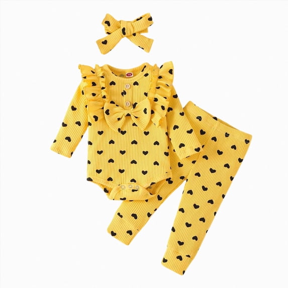 HCNTES Baby Girl Clothes Winter Baby Girl Outfit Love Heart Dot Bow Ruffle Sweet Outfits for Girls Newborn Clothes Headband Pullover Pant 3pcs Playwear Set