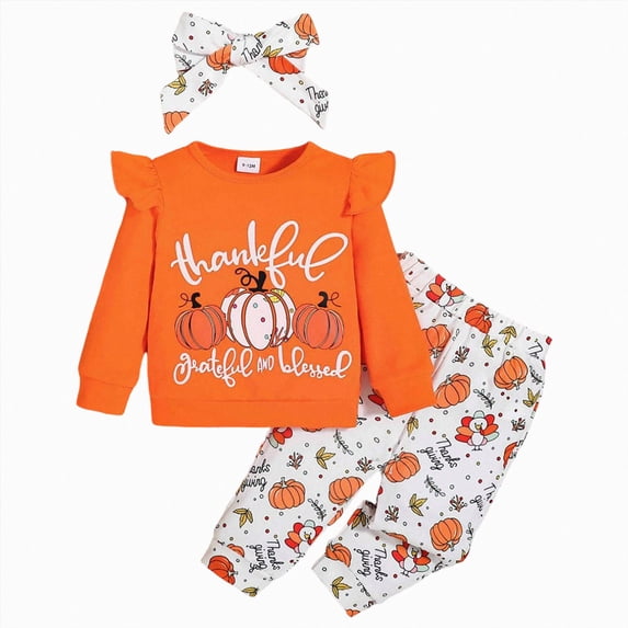HCNTES Baby Girl Clothes Winter Girls 2 Outfits Girls 6 9 12 18 Months Long Sleeve Letter "thankful grateful and blessed" Pumpkin Print Sweatshirt Pants Clothing Set