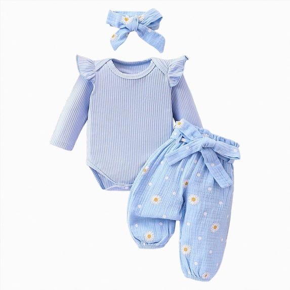 HCNTES Baby Girl Clothes Winter Newborn Infant Girl Outfit Sets Rib Knit Romper Daisy Print Pants Headband Baby Clothes for Girls 0 3 6 12 18 24 Months