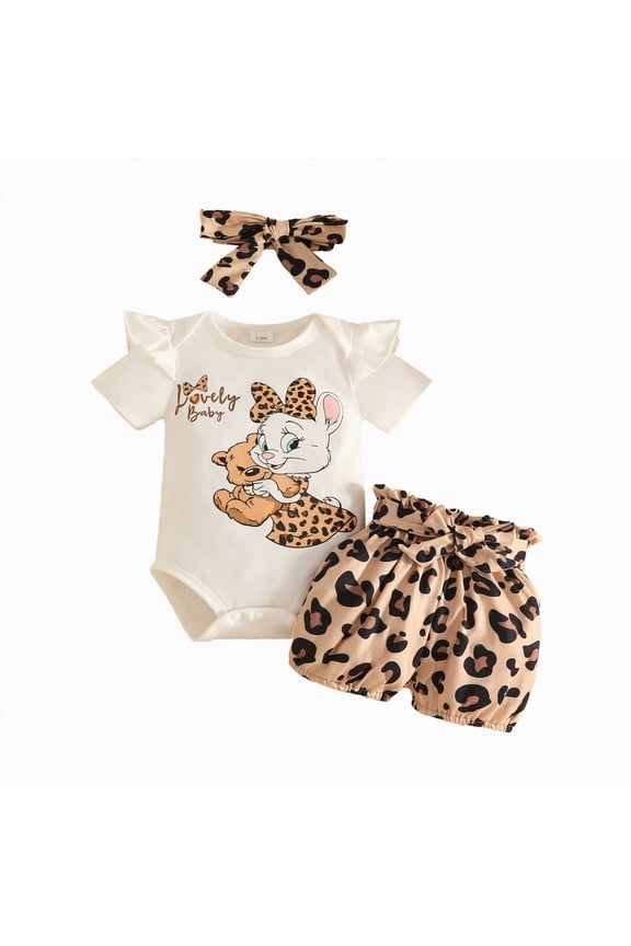 Baby Girl Comfortable and Breathable Set Cute Cartoon Printed Short Sleeve Shorts Hairband Three Piece Set,Sizes 3-6 Months