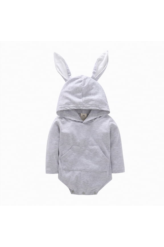 Baby Girl Easter Romper Bunny Ear Hooded Long Sleeve Bodysuit with Kangaroo Pocket for Easter Themed Playdate