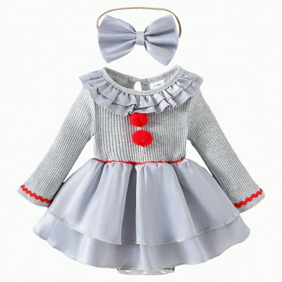 HCNTES Baby Girl Fall Clothes Clown Dress Ruffle Romper Long Sleeve Patchwork Doll Cute Halloween Outfit(3-6 Months,Z141-Grey)