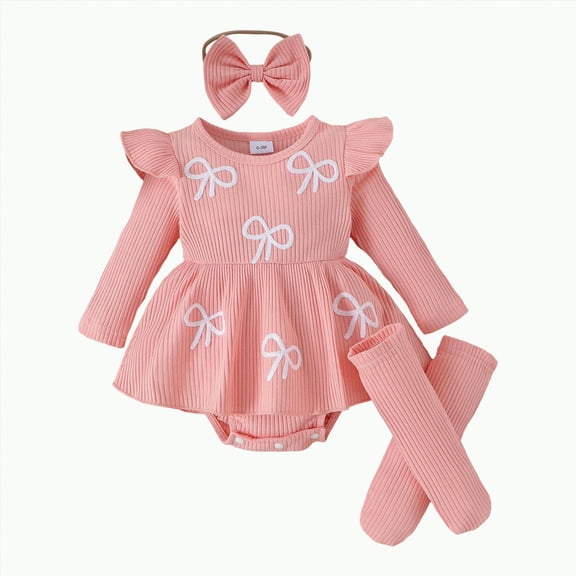 HCNTES Baby Girl Fall Winter Outfits Long Sleeve Plaid Skirt Romper Dress Headband Socks Set Fashion Clothes(Pink&2,0-3 Months)
