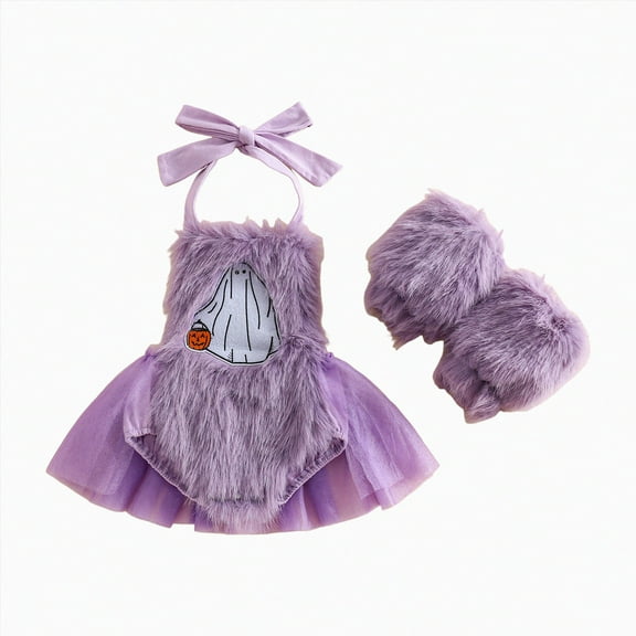 HCNTES Baby Girl Halloween Outfits Furry Patchwork Embroidery Sleeveless Neck Romper(Style5,0-6 Months)