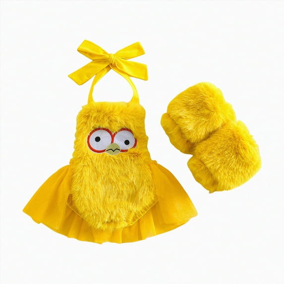 HCNTES Baby Girl Halloween Outfits Furry Patchwork Embroidery Sleeveless Neck Romper(Yellow&6,12-18 Months)