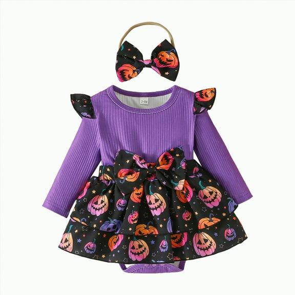 HCNTES Baby Girl Romper Dress Halloween Baby Dress Romper Fall Winter Festival Clothes with Bow Headband(6-9 Months,Z137-Purple)