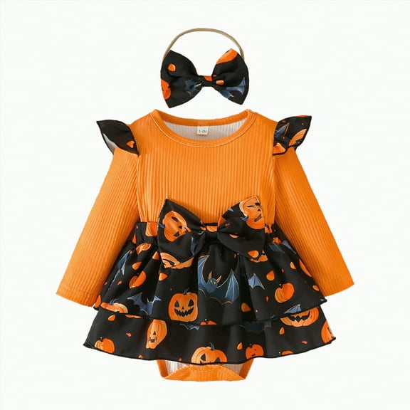HCNTES Baby Girl Romper Dress Halloween Baby Dress Romper Fall Winter Festival Clothes with Bow Headband(9-12 Months,Z79-Orange)