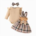 thumbnail image 1 of HCNTES Baby Girl Winter Clothes Baby Girl Clothes Fall Winter Outfit Long Sleeve Ruffle Solid Romper Plaid Bear Suspender Skirt Bow Headband 3 Pcs Set, 1 of 7