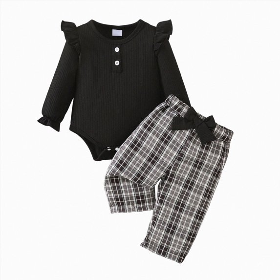 HCNTES Baby Girl Winter Clothes Baby Sweatsuit Baby Girl Clothes Long Sleeve Ruffle Ribbed Romper + Plaid Bow Pants + Headband Newborn Infant Cute Set