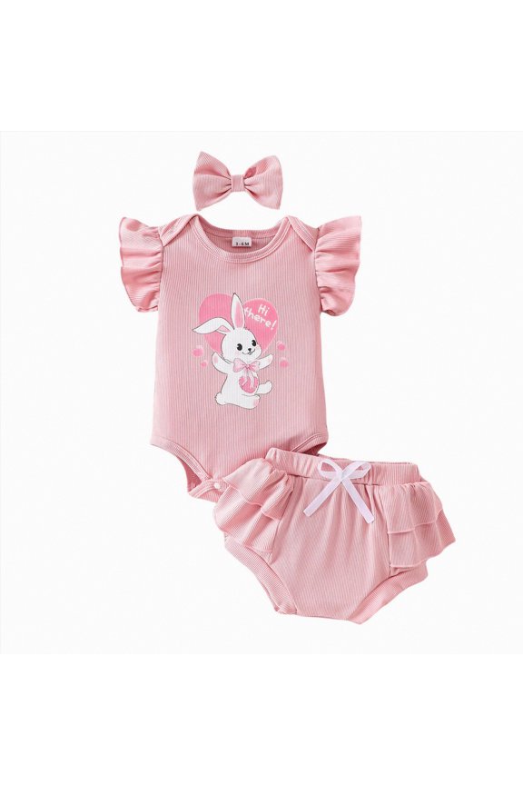 Baby Girle Easter Sets Loose Bunny Print Ruffle Sleeve 3-Piece Set Perfect for Easter Weekend Getaways and Playdates