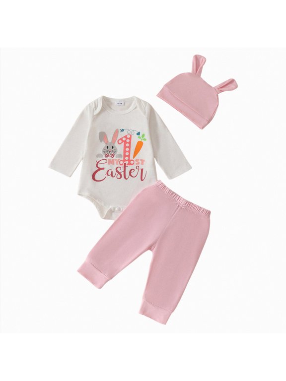Baby Girls Easter Clothing Set Cute My 1st Easter 3-Piece Outfit with Bunny Ear Hat Baby Girl Clothes 12+ Months