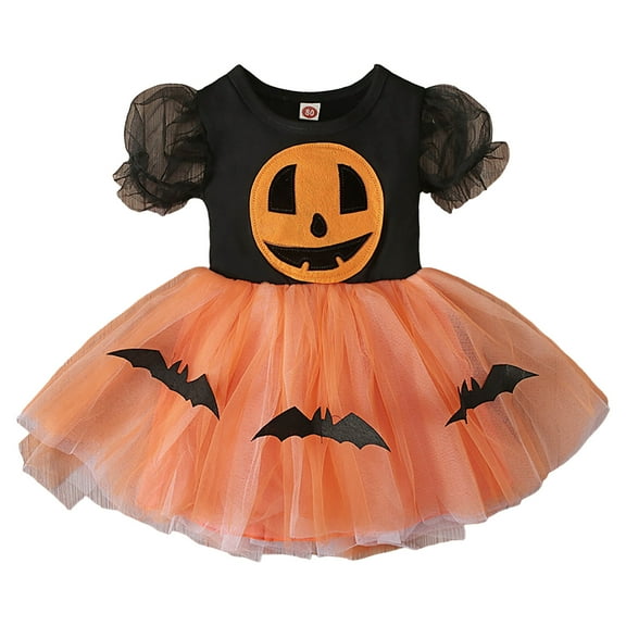 HCNTES Baby Girls Halloween Pumpkin Dress Skirt Short Sleeve Bat Dress Party Dress(3-6 Months,R66-Orange)