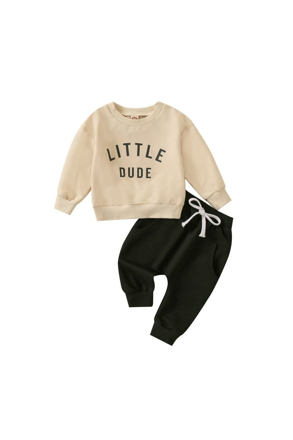 Baby Toddler Boys Winter Spring Outfits Long Sleeve Sweatshirts Pants 2Pcs Clothes Set, 12-18 Months Beige