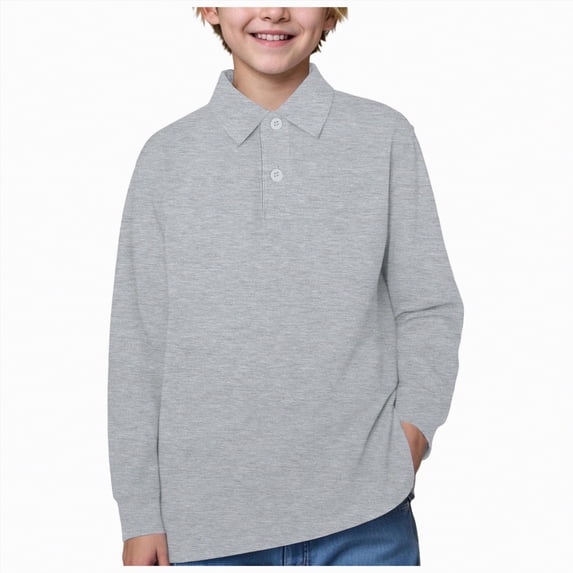 HCNTES Big Boy's Polo Shirts Long Sleeved Solid Color Basic Polos Breathable Basic Undershirt(Grey,3-4 Years)