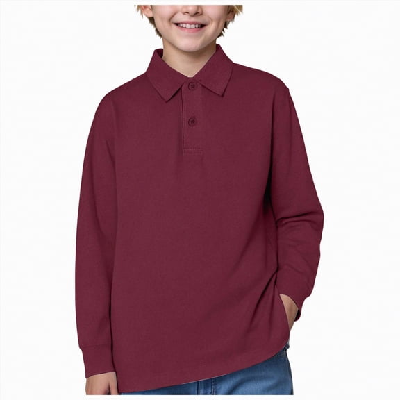 HCNTES Big Boy's Polo Shirts Long Sleeved Solid Color Basic Polos Breathable Basic Undershirt(Wine,12-13 Years)
