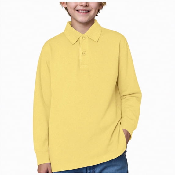 HCNTES Big Boy's Polo Shirts Long Sleeved Solid Color Basic Polos Breathable Basic Undershirt(Yellow,5-6 Years)