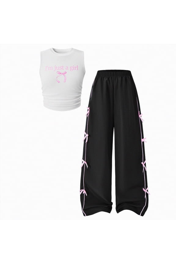 Big Kids 2 Piece Outfits Girls Summer Short Sleeve T-Shirts and Pants Set Fashion Clothing Sets Teen Girls School Clothes Age 8-14(P05-White,11-12 Years)