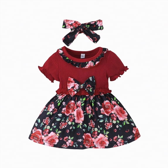 HCNTES Big Kids Little Girls Children Summer Floral Dress Puff Sleeve Casual Party Dress for Toddler Baby 2T 3T 4T 5T 6T 7T(6-9 Months,D01-Red)