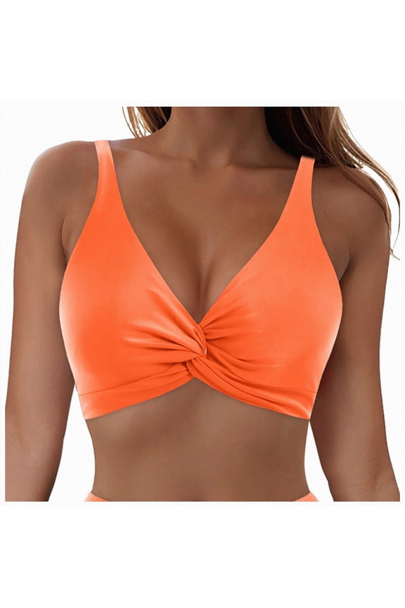 Bikini Tops for Women Only Underwire Swim Top V Neck Adjustable Straps Bathing Suit Tops Orange,L