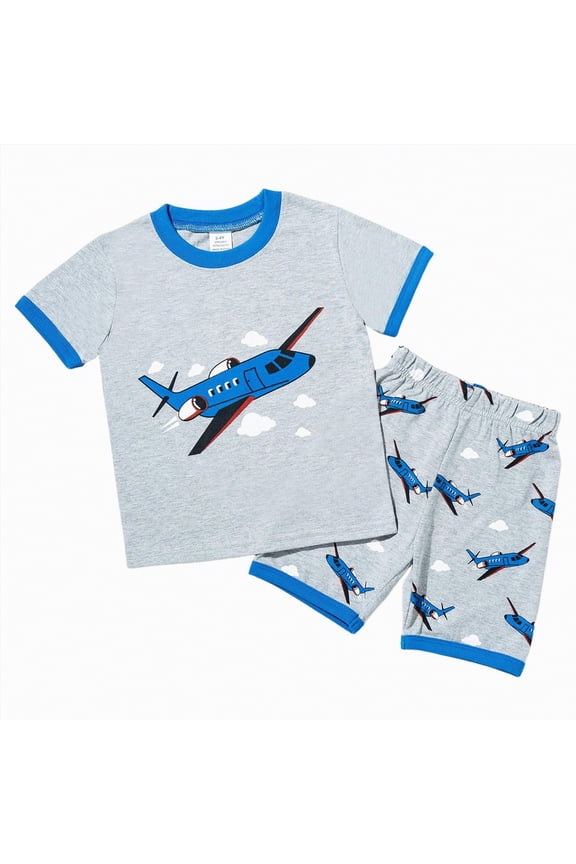Boys Color Block Summer Outfits Lightweight Airplane Print 2-Piece Boy Casual Outfit