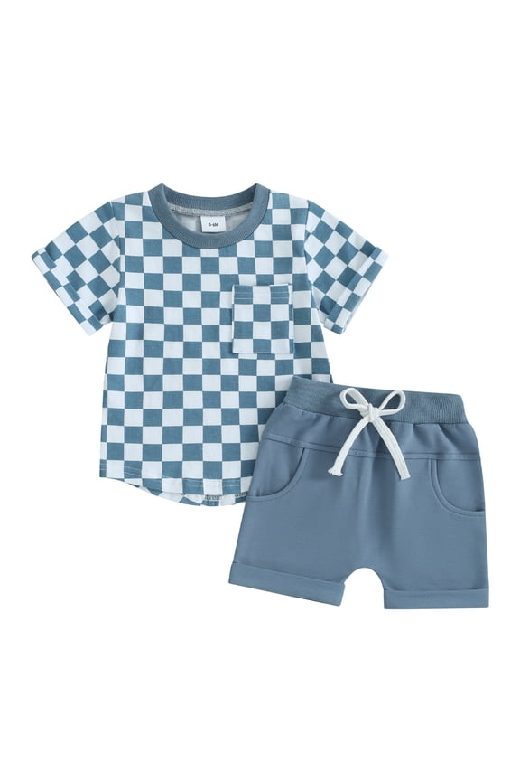 Boys Comfortable and Breathable Short Sleeved Twopiece Set with Classic Checkered Pattern baby boy clothes 24 months(3-4 Years,Blue)