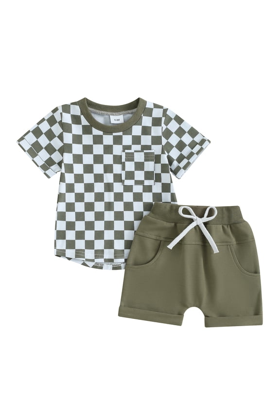 Boys Comfortable and Breathable Short Sleeved Twopiece Set with Classic Checkered Pattern summer clothes 3t 4t(3-4 Years,Green)