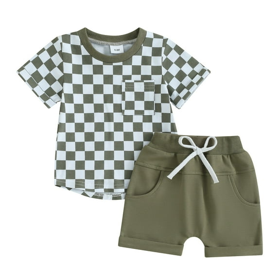 HCNTES Boys Comfortable and Breathable Short Sleeved Twopiece Set with Classic Checkered Pattern toddler outfits boy(4-5 Years,Green)