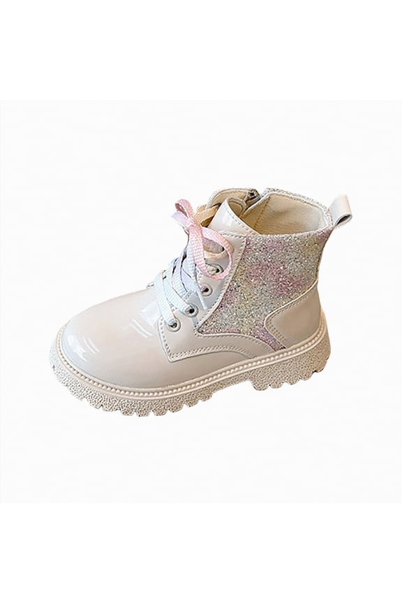Boys Girls Glitter Ankle Boots Lace Up Combat Boot With Side Zipper(13.5,White#i3)