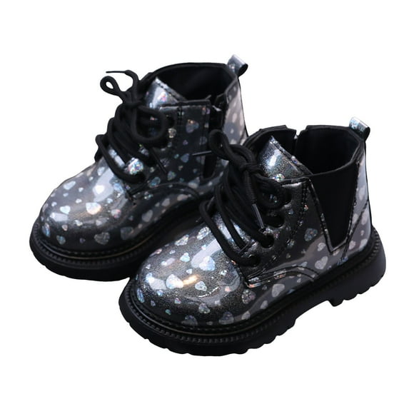 HCNTES Boys Girls Glitter Ankle Boots Lace Up Combat Shoes With Side Zipper(Black,11)