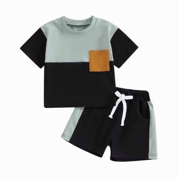 HCNTES Boys Outfit Sets Summer Short Sleeve Two Piece Color Block T-shirts and Shorts Set