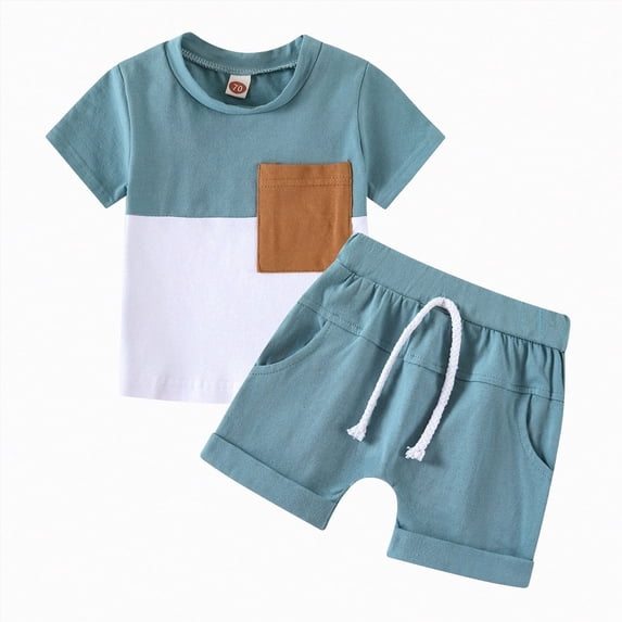 HCNTES Boys Outfit Sets Summer Short Sleeve Two Piece Color Block T-shirts and Shorts Set